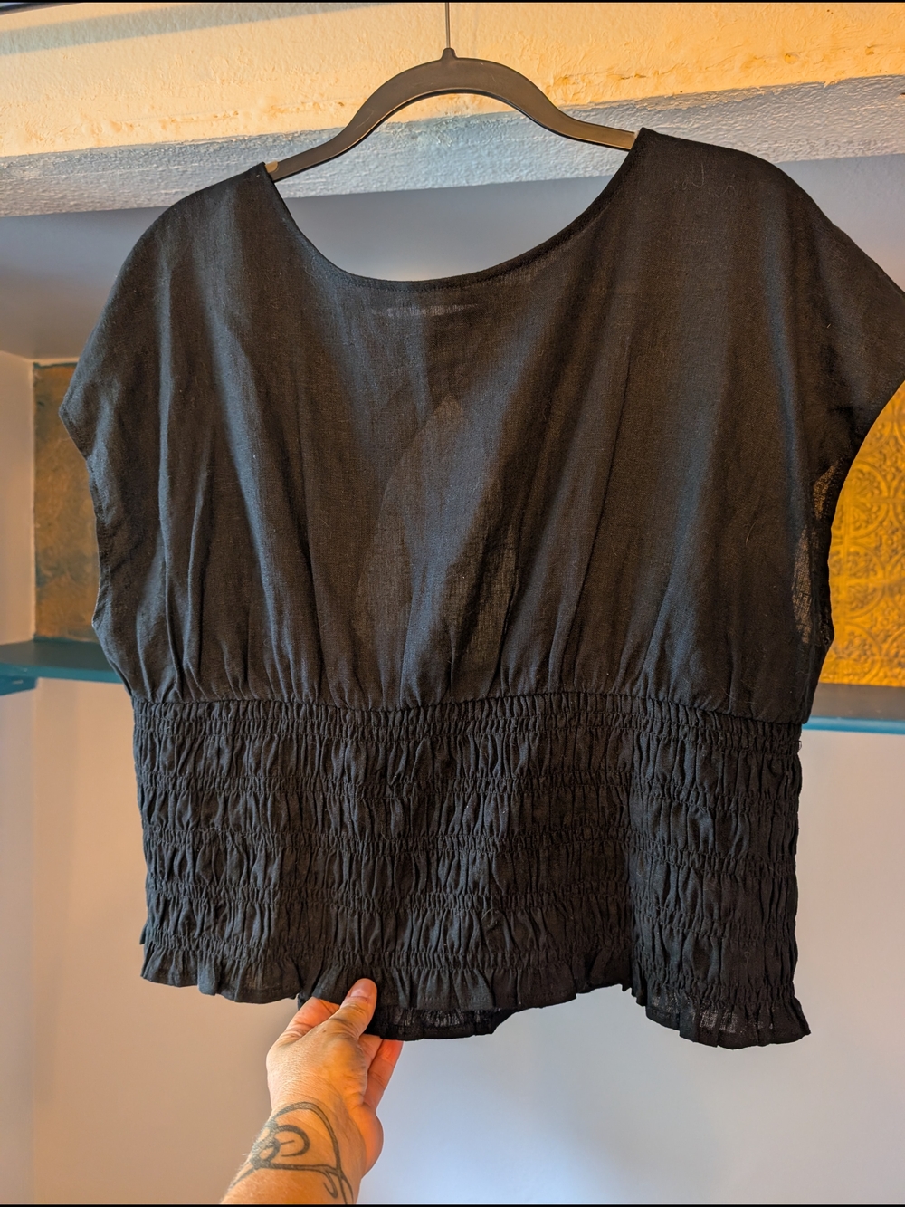 2 For 1 Black And Red Linen Smocked Waist Women’s Tops With Back Twist